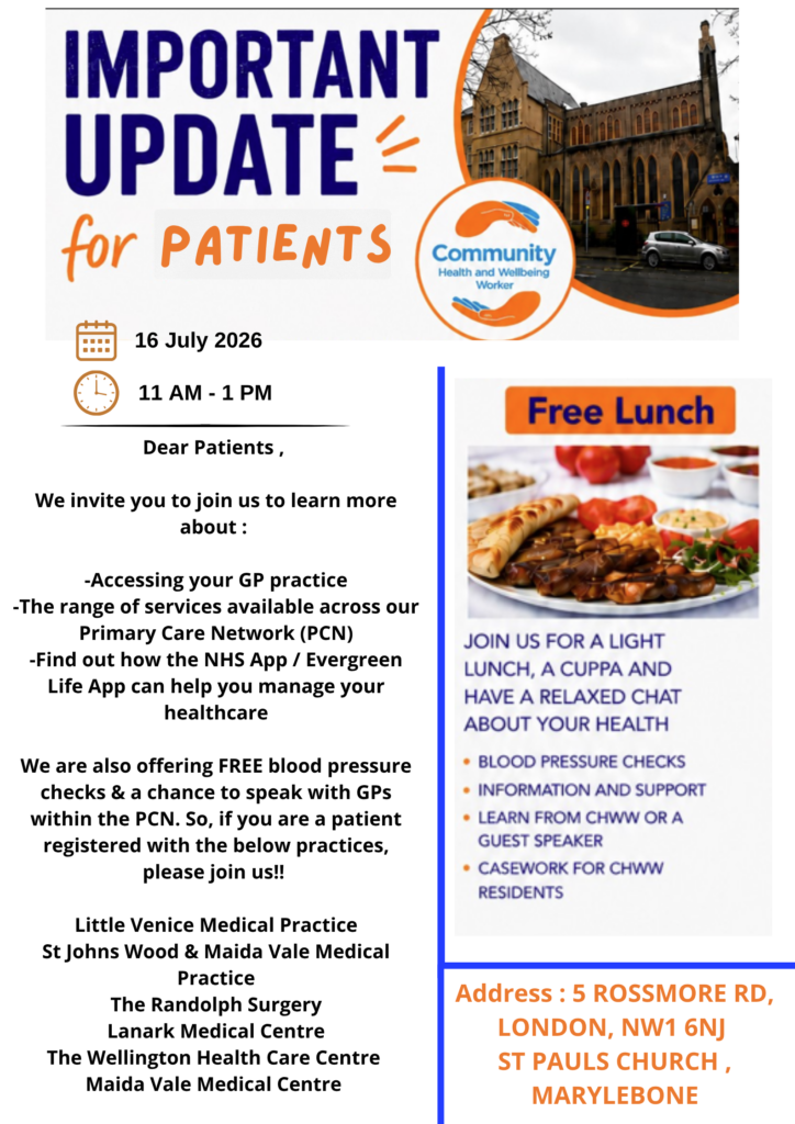 Poster for a patient event on July 16th at 11am at the St Pauls Church in Marylebone